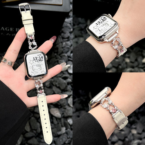 For applewatchs11 Watch Band Metal Cutout Crystal Link Leather Apple s10 / 9 Niche Wrist Strap Women