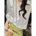 Summer Acetate Tencel Puff Sleeve V-Neck Loose Shirt