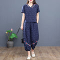 Women's Summer Ethnic Retro Plus Size Short Sleeve Loose Lantern Wide Leg Pants + Pan - Blue