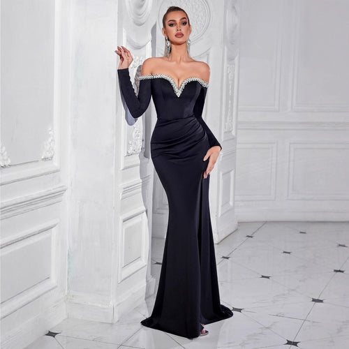 Women's Crystal Embellished Long Sleeve Evening Gown
