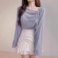 Women's Korean Fashion Long Sleeve Drawstring Knit Top + Tank Top + Camisole 2-Piece - White