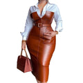 Office PU Belt Color-Block Shirt Dress, Long Sleeve