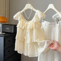 Summer Korean Youthful Mini Flutter Sleeve Sleeveless Ruffle Shirt