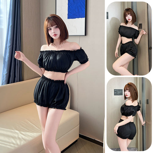 甜辣风露腰一字肩家居服缎面泡泡袖短款两件套性感纯欲睡衣女992