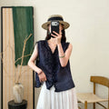 Summer Korean Youthful Ramie Sleeveless V-Neck Patchwork Lace Trim Shirt