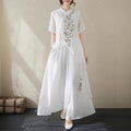 Summer New Chinese Plus Size Linen Cotton Embroidered Short Sleeve Drapey Wide Leg Pants + Shirt + Skirt Set