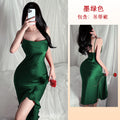 菲韵性感低胸诱惑吊带睡裙女修身缎面中长裙多色可选家居服635