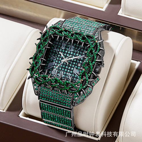 Export Bestseller Western Full Diamond Watch Men Square Thorn Dial Height Luxury Hip-Hop Waterproof Premium Quartz Watch