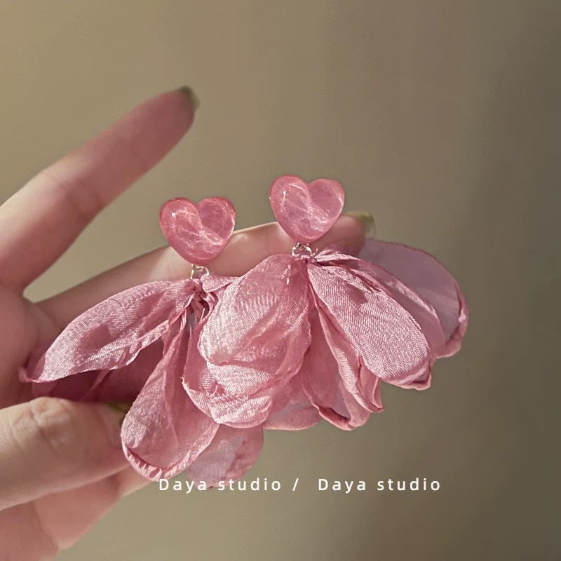 Pink Fabric Flower Tassel Earrings - view 4