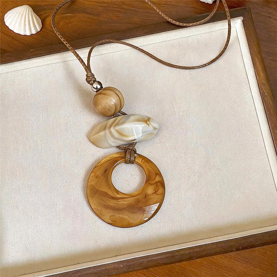 Chinese-Inspired Wooden Round Pendant Necklace - view 9
