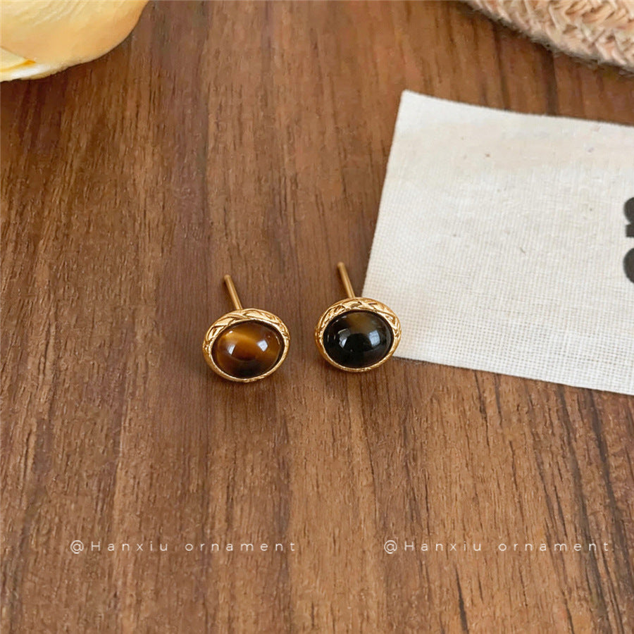 Vintage Tiger's Eye Round Stud Earrings - view 4