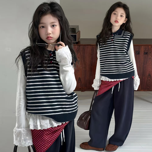 Girls' Striped Knit Vest & Base Layer Set