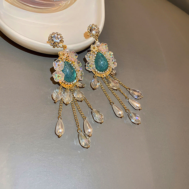 Pearl Flower Rhinestone Tassel Earrings - view 7