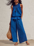 Women's Summer Casual Linen Cotton Sleeveless Ruffle Wide Leg Pants 2-Piece Set 2026 - Red