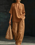 Summer Old Money Relaxed Linen Short Sleeve V-Neck Loose Wide Leg Pants + Top 2-Piece Set