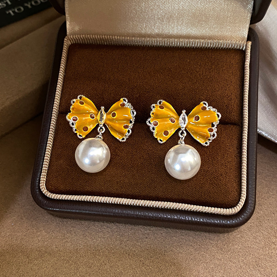 Enamel Bow Pearl Stud Earrings - view 6