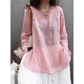 Women's Spring-Summer Artistic Linen Cotton Long Sleeve Crew Neck Lightweight Loose T - Black
