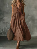 Elegant V-Neck Pocket Pleated Sleeveless Camisole Dress