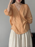 Summer Korean French Ramie Lace V-Neck Shirt