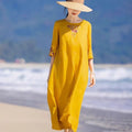Chinese Cotton Linen Heavy Embroidery Cheongsam Dress, 3/4 Sleeve