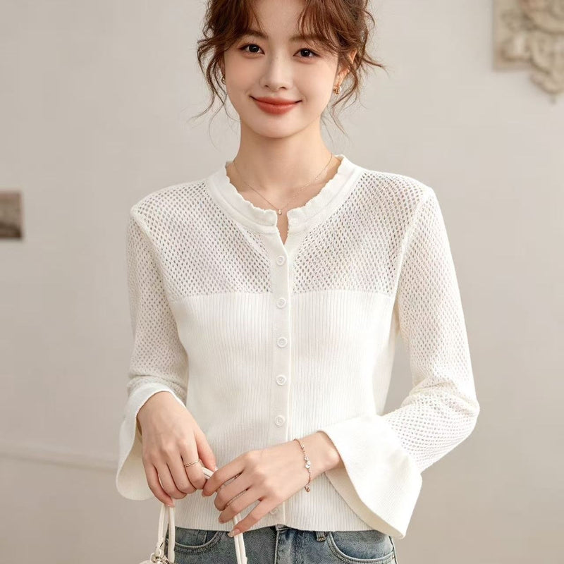 Women's Slimming Knit Flared Sleeve Hollow-Out Fitted Flared Cardigan 2026 - White