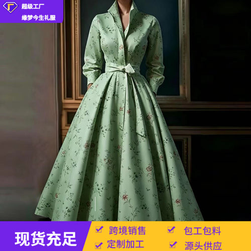 欧美跨境复古风缎面印花衬衫式礼服2026新款气质简约出门晚礼服女