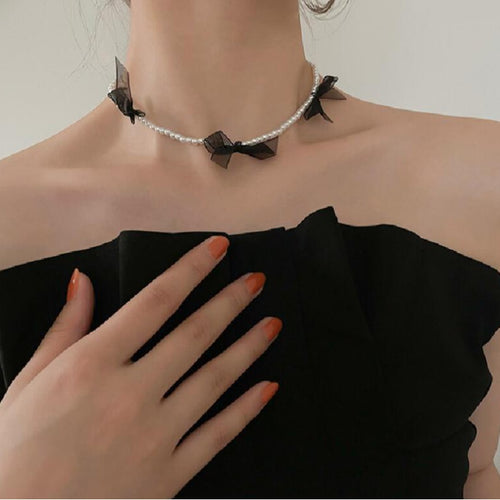 2025 New Tulle Bow Pearl Necklace Women ins Breeze Niche Design Detail Clavicle Chain Choker N6278
