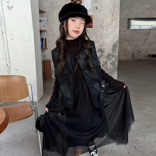 Girls' Belt Leather Vest Long Sleeve Tulle Skirt Dress Set
