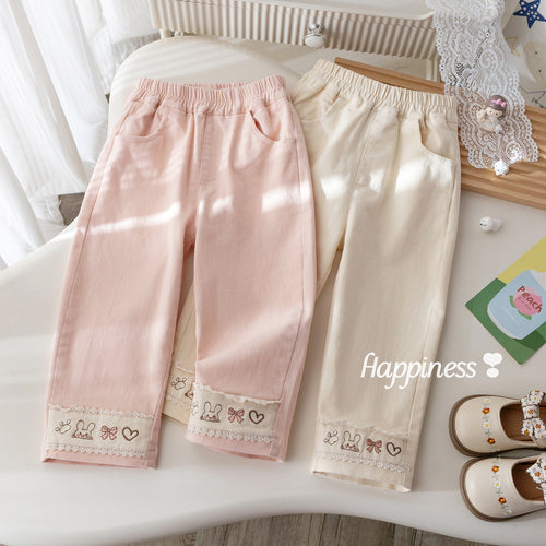 Girls' Cartoon Embroidered Casual Pants - Spring/Fall