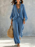 Women's Fall Batwing Sleeve Crew Neck Wide Leg Pants 2-Piece Set 2026 - Blue