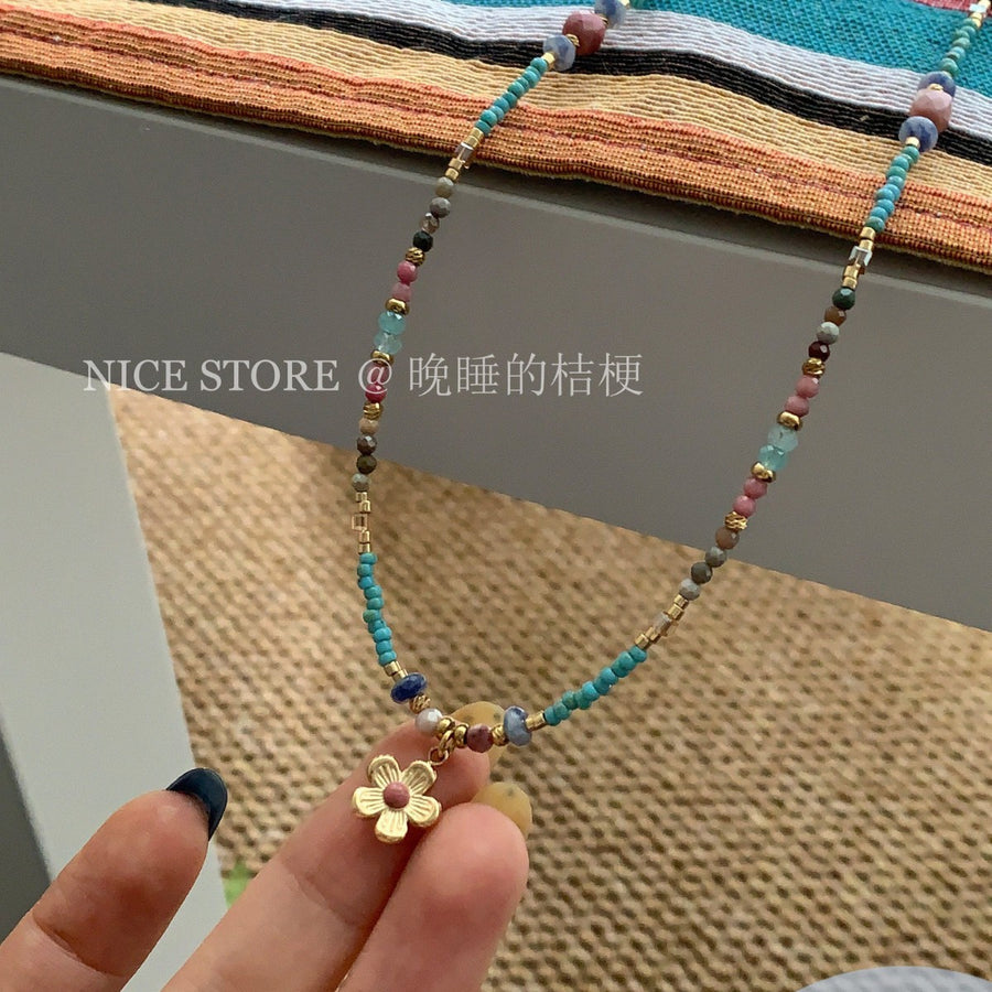 Stainless Steel Colorful Stone Beaded Pendant Necklace - view 2