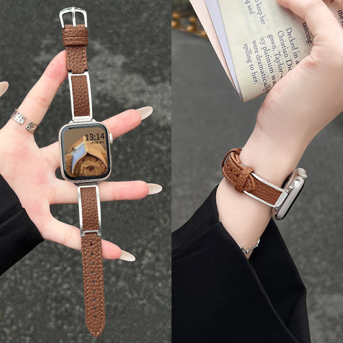 Fits Apple watchs11 Watch Band New Metal Bangle Lychee Texture Spliced Leather s10 / 9 / 8 Wrist Strap Women