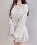 Women's Korean Fashion Long Sleeve Drawstring Knit Top + Tank Top + Camisole 2-Piece - White