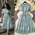 Retro Elegant Heavy Hollow-Out Hooked Flower Water-Soluble Lace Dress, French Waist-Slimming Short Sleeve
