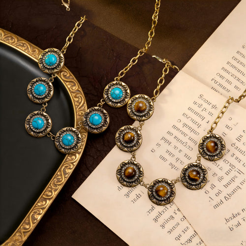 Vintage Turquoise Sunflower Necklace Imperial Breeze Western Retro Pendant Rhinestone Personality Sweater Chain