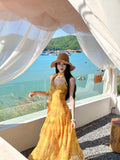 French Yellow Ombre Floral Ribbon V-Neck Camisole Photo Dress