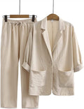 Fall Casual Fashion Linen Cotton Loose Blazer + Pants + Top 2-Piece Set