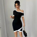 Knit Bodycon Dress - Color Block Black White Off-Shoulder Short Sleeve Dress