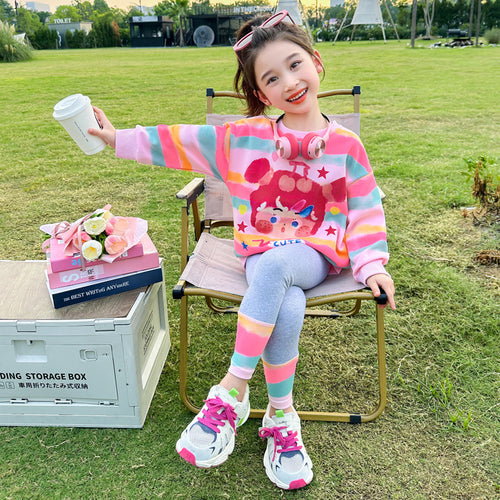 Girls' Colorful Stripe Long Sleeve Two-Piece Set - Cute Cartoon Style