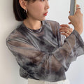 Women's Grey Tie Dye Sheer Long Sleeve Top