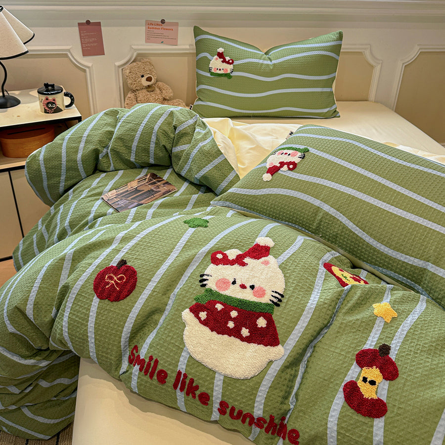 Bubu Towel-Embroidered Cotton Waffle 4-Piece Bedding Set - view 5