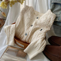 Women's Fall-Winter Retro Embroidered Knit Long Sleeve Crew Neck Sweater + Cardigan + - White