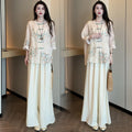 Early Spring New Chinese Fashion Frog Button Printed Loose Wide Leg Pants + Top 2-Piece Set