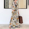 Women's Japanese Casual Linen Cotton Long Sleeve Lapel Collar Printed Loose Dress + S - Navy Blue