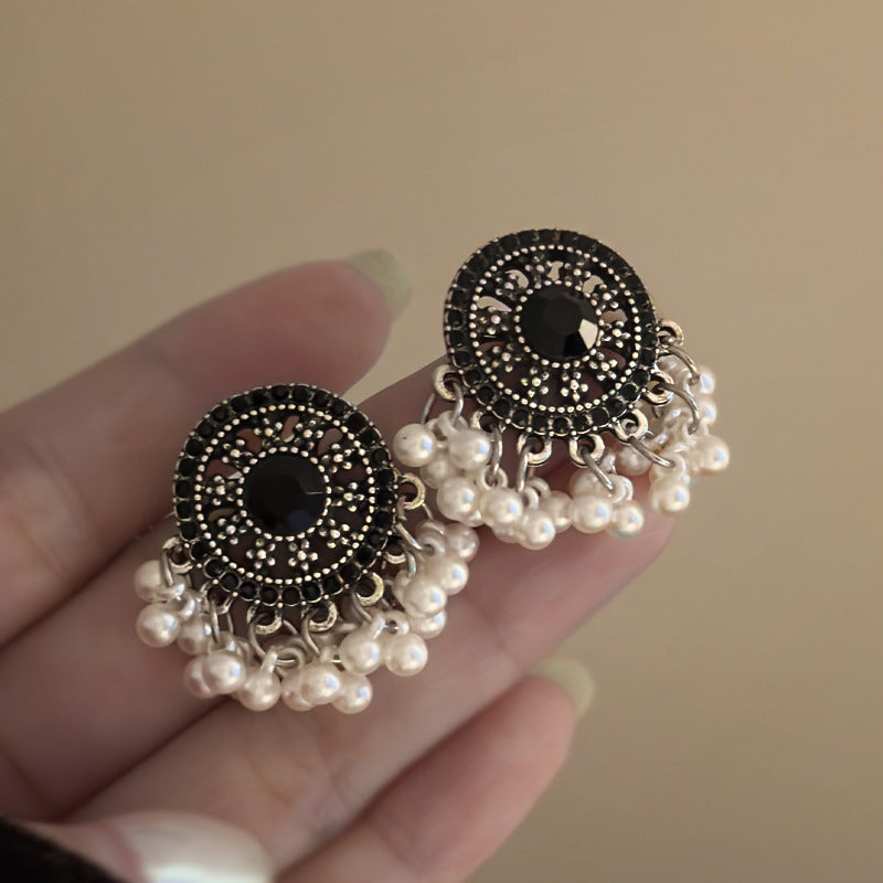 Pearl and Rhinestone Tassel Stud Earrings - view 4