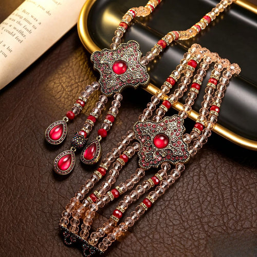 Vintage Retro Red Rhinestone Beaded Necklace Heavy-Duty Imperial Breeze Pendant Vintage Beaded Long Necklace Women