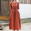 Ethnic Style Embroidered Cotton Jacquard Mid-Length Dress, Fitted Slimming