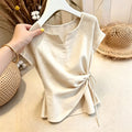Summer Fashion Slimming Short Sleeve Waist-Tie Patchwork Hollow-Out Shirt