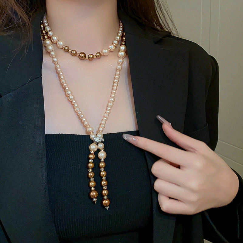French Layered Rhinestone Pearl Necklace - view 10