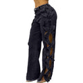 D8727 Side Hollow Denim Panel Straight Leg Pants